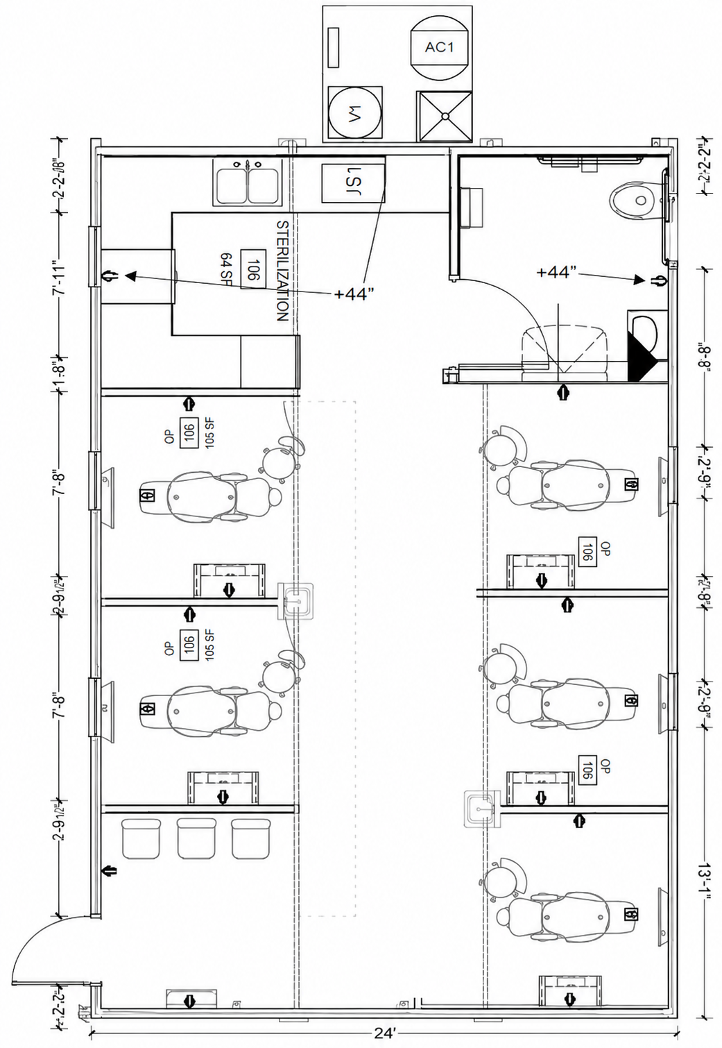 Flextainer open-layout floor plan with operatories and sterilization